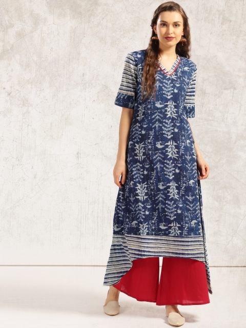 

Anouk Women Navy & Off-White Printed Asymmetric A-Line Kurta, Navy blue