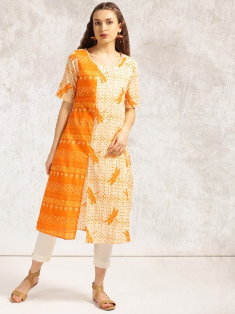 

Anouk Women Orange & Yellow Printed Straight Kurta