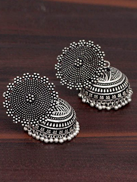 

Arendelle Silver-Toned Oxidized Silver Plated Contemporary Jhumkas Earrings