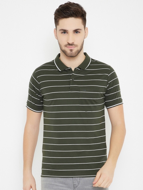 

Okane Men Olive Green Striped Polo Collar T-shirt