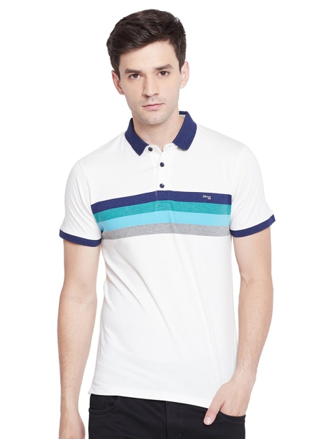 

Okane Men White Striped Polo Collar Applique T-shirt