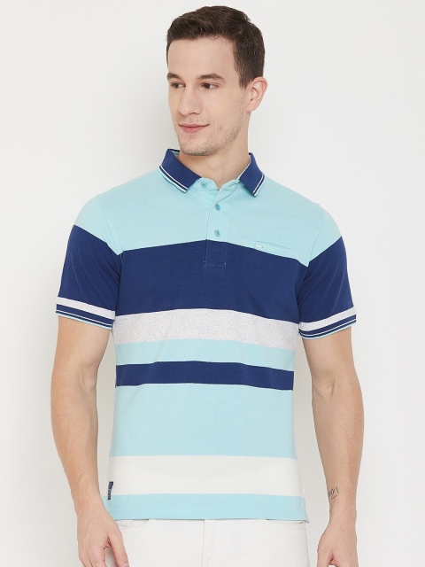 

Okane Men Blue Striped Polo Collar Cotton T-shirt