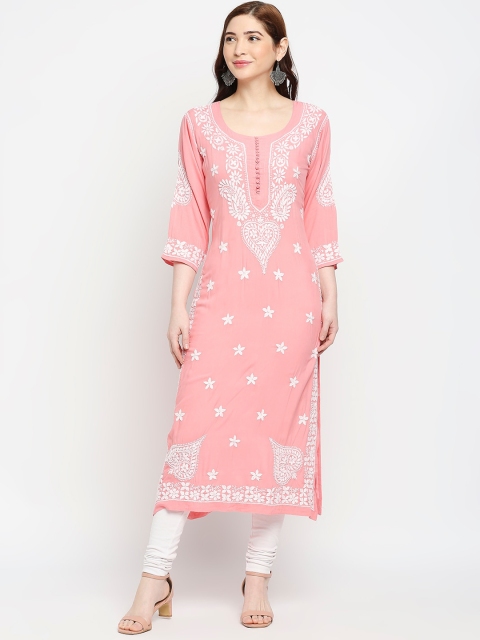 

Indiankala4u Women Coral Ethnic Motifs Embroidered Chikankari Pastels Kurta