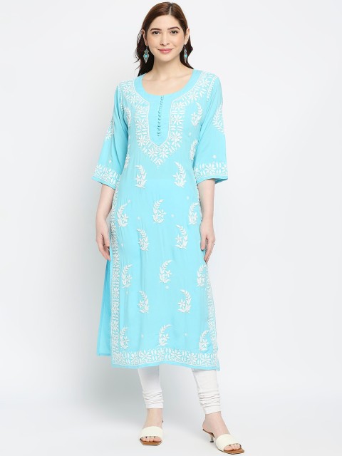 

Indiankala4u Women Blue Ethnic Motifs Embroidered Cotton Chikankari Kurta
