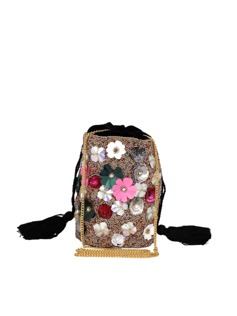 

REZZY Multicoloured Embroidered Fringed Potli Clutch, Multi
