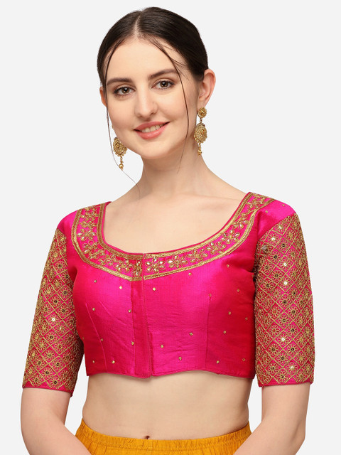 

Mesmore Women Pink & Golden Embroidered Silk Saree Blouse