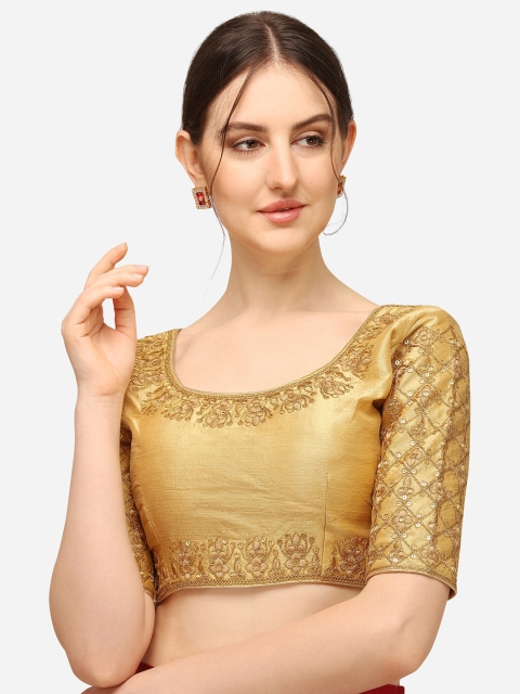 

Mesmore Women Beige & Gold-Toned Embroidered Silk Blouse
