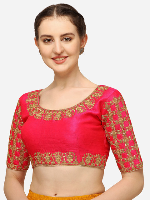 

Mesmore Women Pink & Gold-Coloured Embroidered Silk Saree Blouse