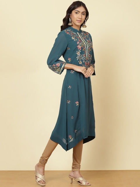 

Lakshita Women Turquoise Blue & Gold-Toned Floral Embroidered Cotton Kurta
