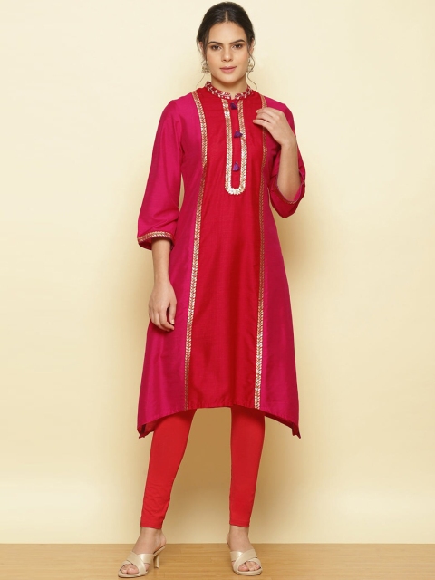 

Lakshita Women Red & Fuchsia Foil Printed Asymmetric Cotton A-line Kurta