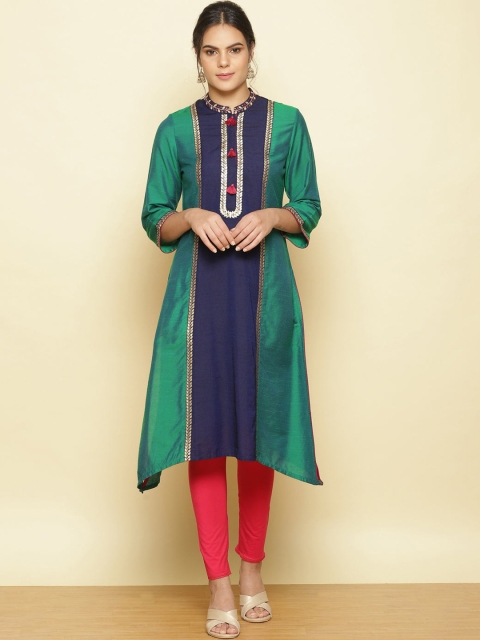 

Lakshita Women Turquoise Blue & Navy Blue Cotton Keyhole Neck Kurta