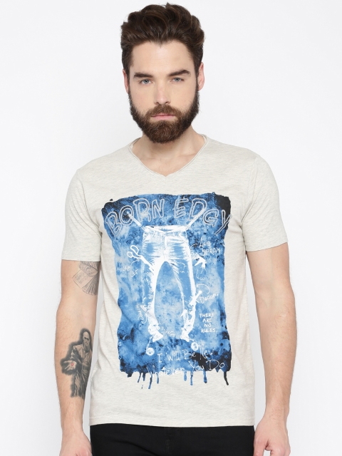 

SF JEANS by Pantaloons Men Grey Melange Printed V-Neck T-Shirt