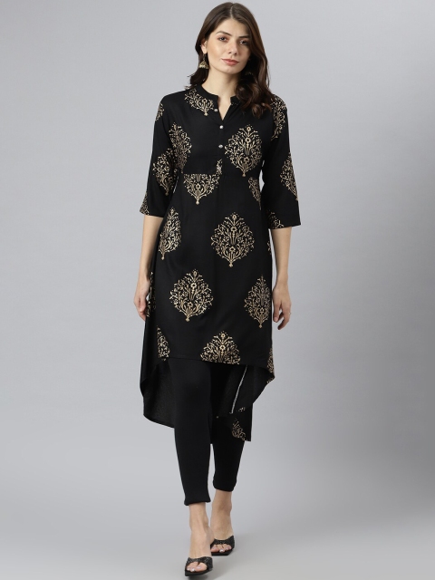 

KALINI Women Black & Golden Foil Printed Kurta