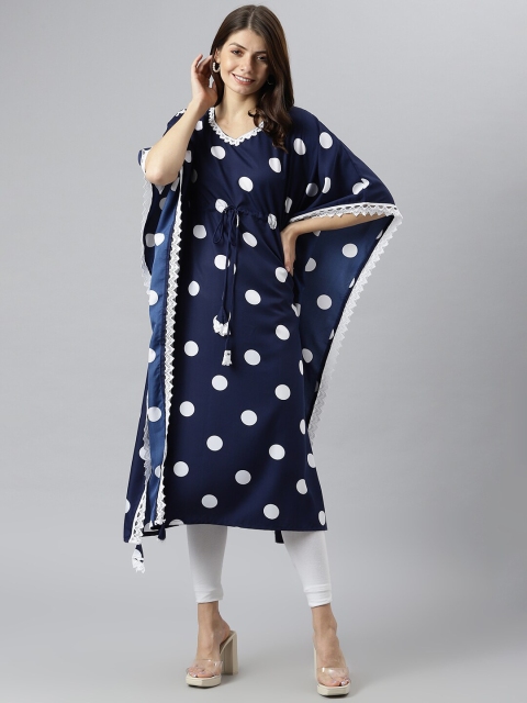 

KALINI Women Blue & White Polka Dot Printed Flared Sleeves Crepe Kaftan Kurta