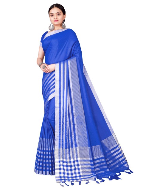 

KALINI Blue & Silver-Toned Silk Cotton Striped Saree