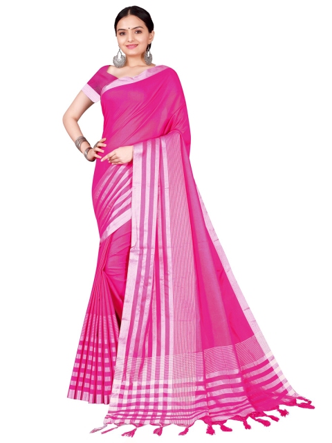 

KALINI Pink & Silver-Toned Striped Cotton Silk Saree