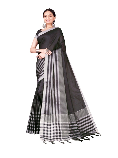 

KALINI Black & Silver-Toned Cotton Silk Striped Saree