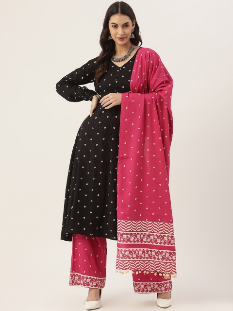 

Rustorange Women Black Embroidered Angrakha Liva Kurti with Palazzos & With Dupatta