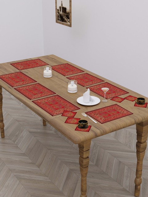 

Gulaab Jaipur Set Of 8 Ethnic Motif Printed Table Placemats With Coaster, Red