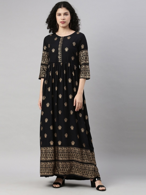 

GOLDSTROMS Women Black & Golden Ethnic Motifs Foil Printed A-line Kurta