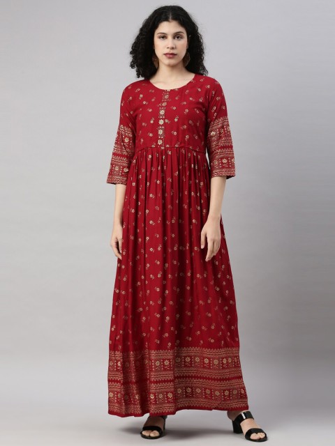 

GOLDSTROMS Women Red & Gold-Toned Floral Printed Anarkali Kurta