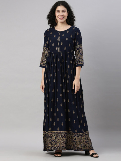 

GOLDSTROMS Women Navy Blue & Gold-Toned Ethnic Motifs Foil Print Modal Anarkali Kurta