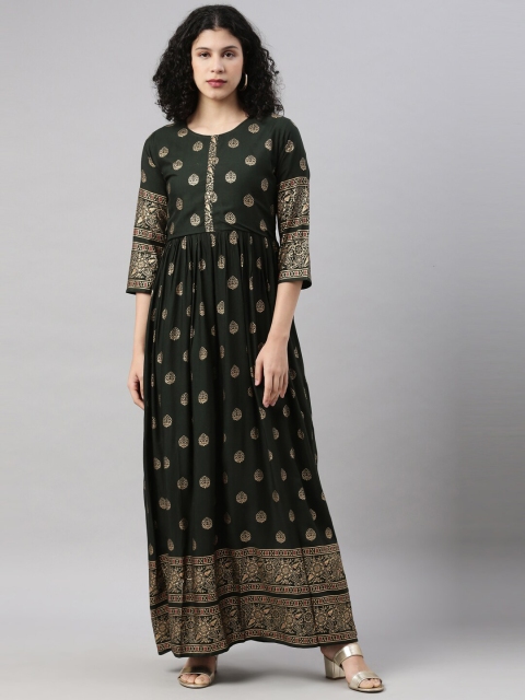 

GOLDSTROMS Women Green & Gold-Toned Ethnic Motifs Foil Printed Anarkali Kurta