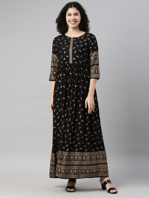 

GOLDSTROMS Women Black & Gold-Toned Ethnic Motifs Printed Modal Anarkali Kurta