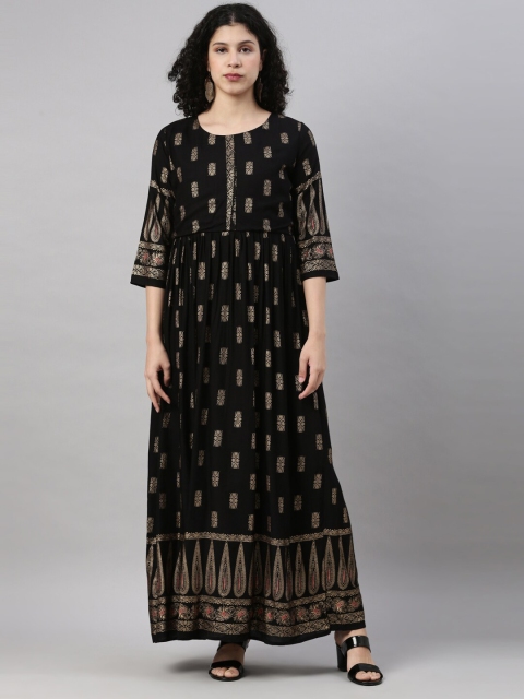 

GOLDSTROMS Women Black & Gold-Toned Ethnic Motifs Foil Printed Modal Anarkali Kurta