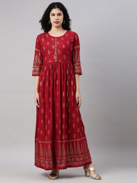 

GOLDSTROMS Women Red & Gold-Toned Ethnic Motifs Printed Anarkali Kurta