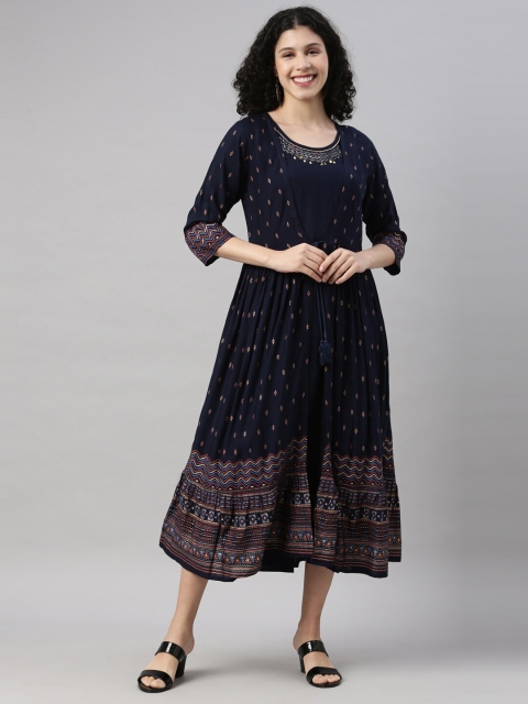 

GOLDSTROMS Women Navy Blue & Gold Foil Printed Ethnic Dress