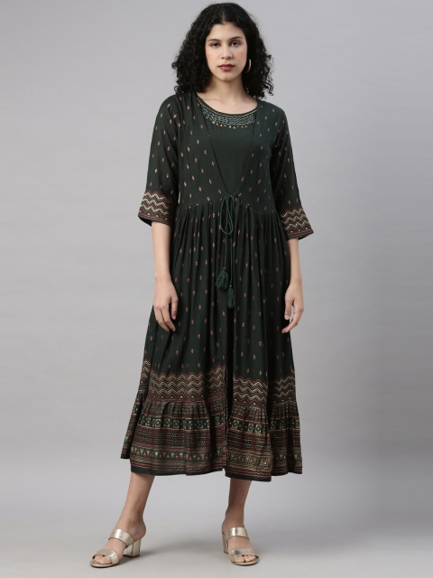 

GOLDSTROMS Women Green Geometric Foil Printed Anarkali Kurta