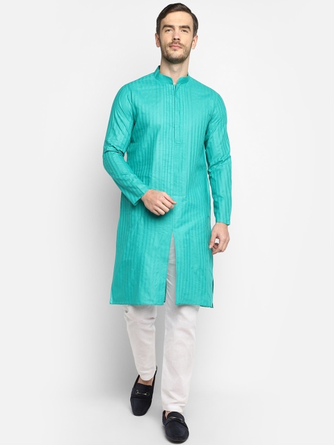 

DEVOILER Men Turquoise Blue Angrakha Kurta with Pyjamas