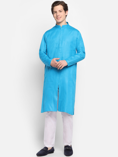 

DEVOILER Men Turquoise Blue Angrakha Kurta with Pyjamas