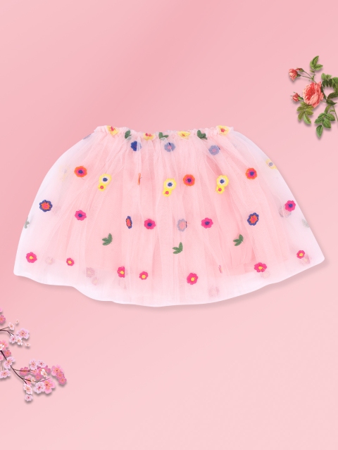 

CUTECUMBER Girls Pink Floral Printed Flared Knee-Length Skirt