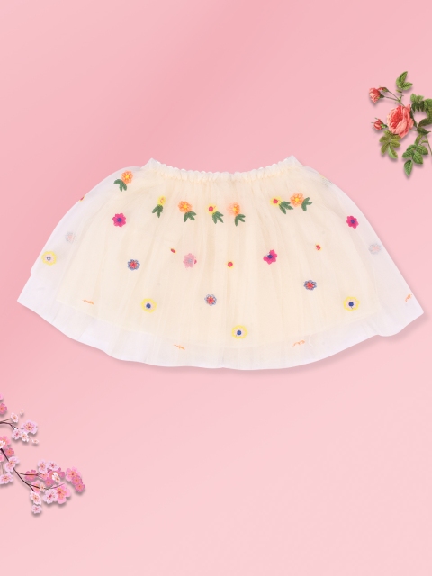 

CUTECUMBER Girls Cream Floral Embellished Flared Knee-Length Skirt