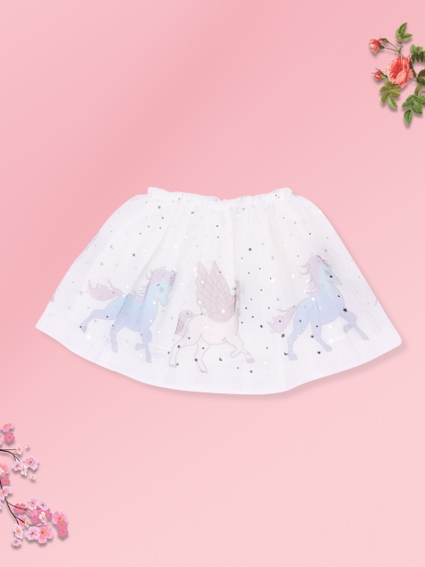 

CUTECUMBER Girls White Printed Flared Net Knee-Length Skirt