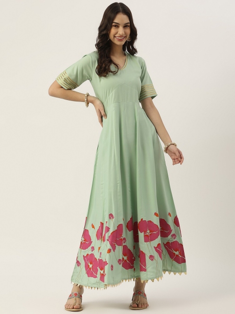 

Rustorange Sage Green & Fuchsia Floral Ethnic Maxi Dress