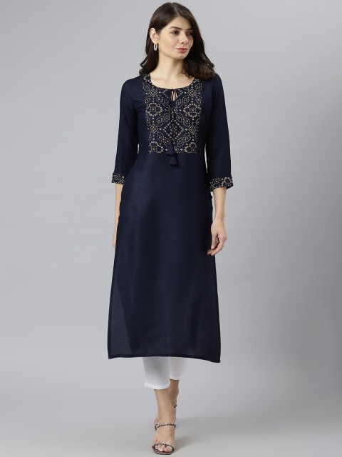 

KALINI Women Navy Blue Yoke Design Kurta with Trousers