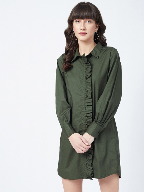 

DELAN Olive Green Ruffled Cotton Shirt Style Dress