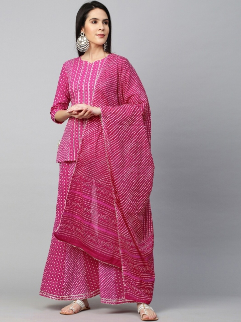 

FASHOR Women Pink Pleated Gotta Patti Pure Cotton Kurti with Trousers