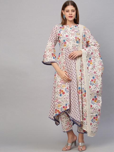 

FASHOR Women Grey Printed Pleated Sequinned Pure Cotton Top with Skirt & With Dupatta