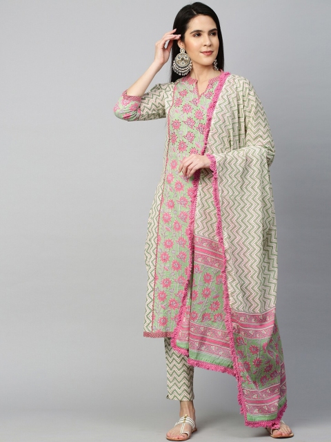 

FASHOR Women Green Embroidered Pleated Kantha Work Pure Cotton Kurti with Trousers