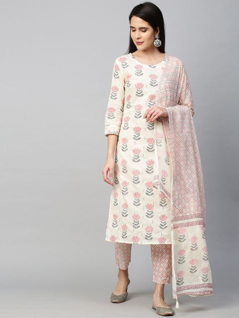 

FASHOR Women Off White Embroidered Sequinned Pure Cotton Kurta with Trousers
