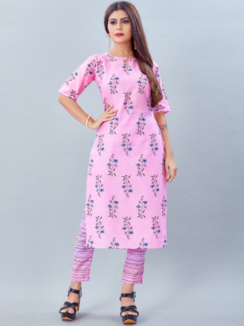 

Jashvi Creation Women Pink Ethnic Motifs Printed Cotton Kurta with Trousers