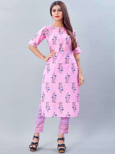 

Jashvi Creation Women Pink Ethnic Motifs Printed Cotton Kurta with Trousers