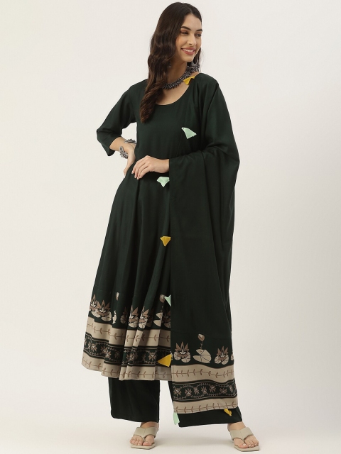 

Rustorange Women Olive Green Angrakha Kurta with Palazzos & With Dupatta