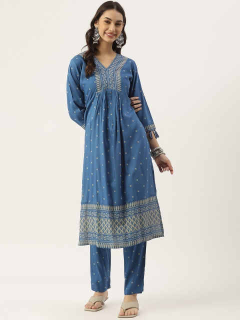 

Rustorange Women Blue Printed Empire Kurta with Churidar & With Dupatta