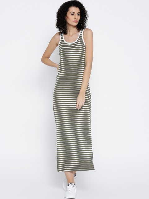 

Vero Moda Women Olive Green Striped Maxi Dress