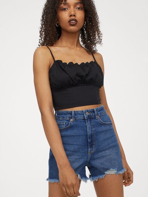 

H&M Women Black Solid Cotton Cropped Top